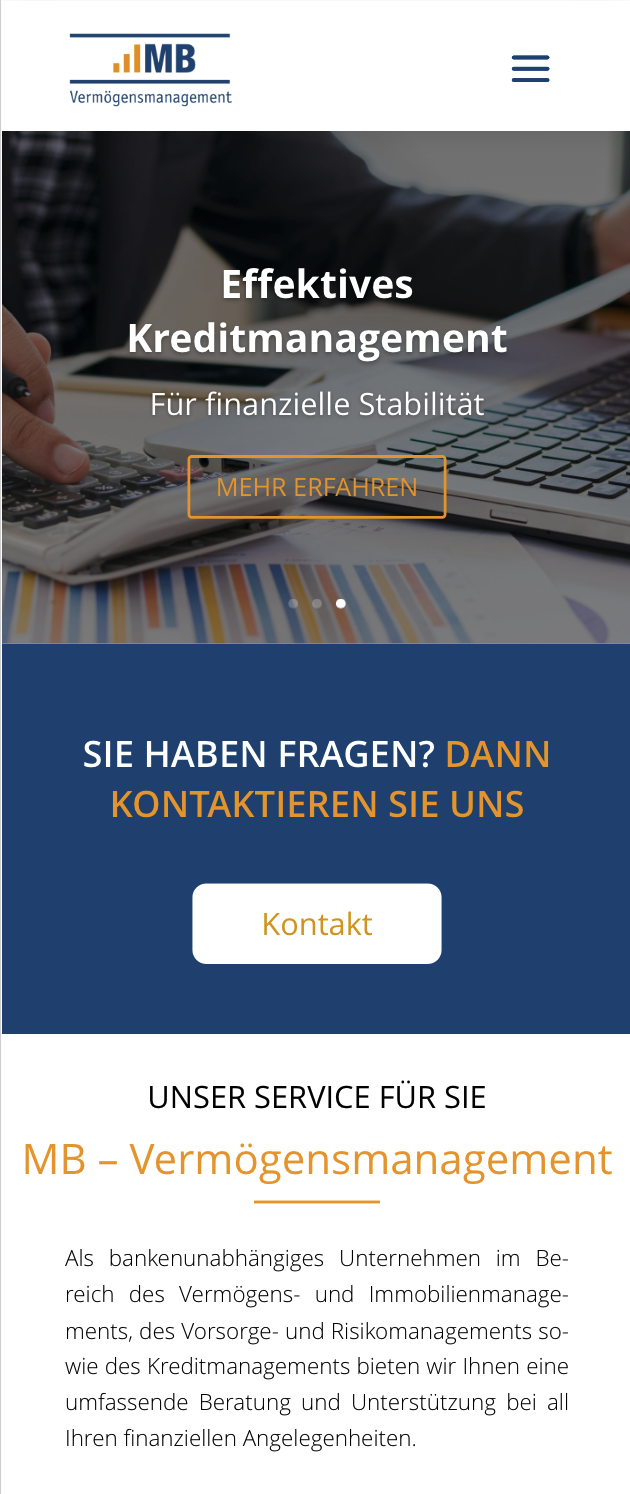 Mobile Ansicht der Website von MB Vermögensmanagement