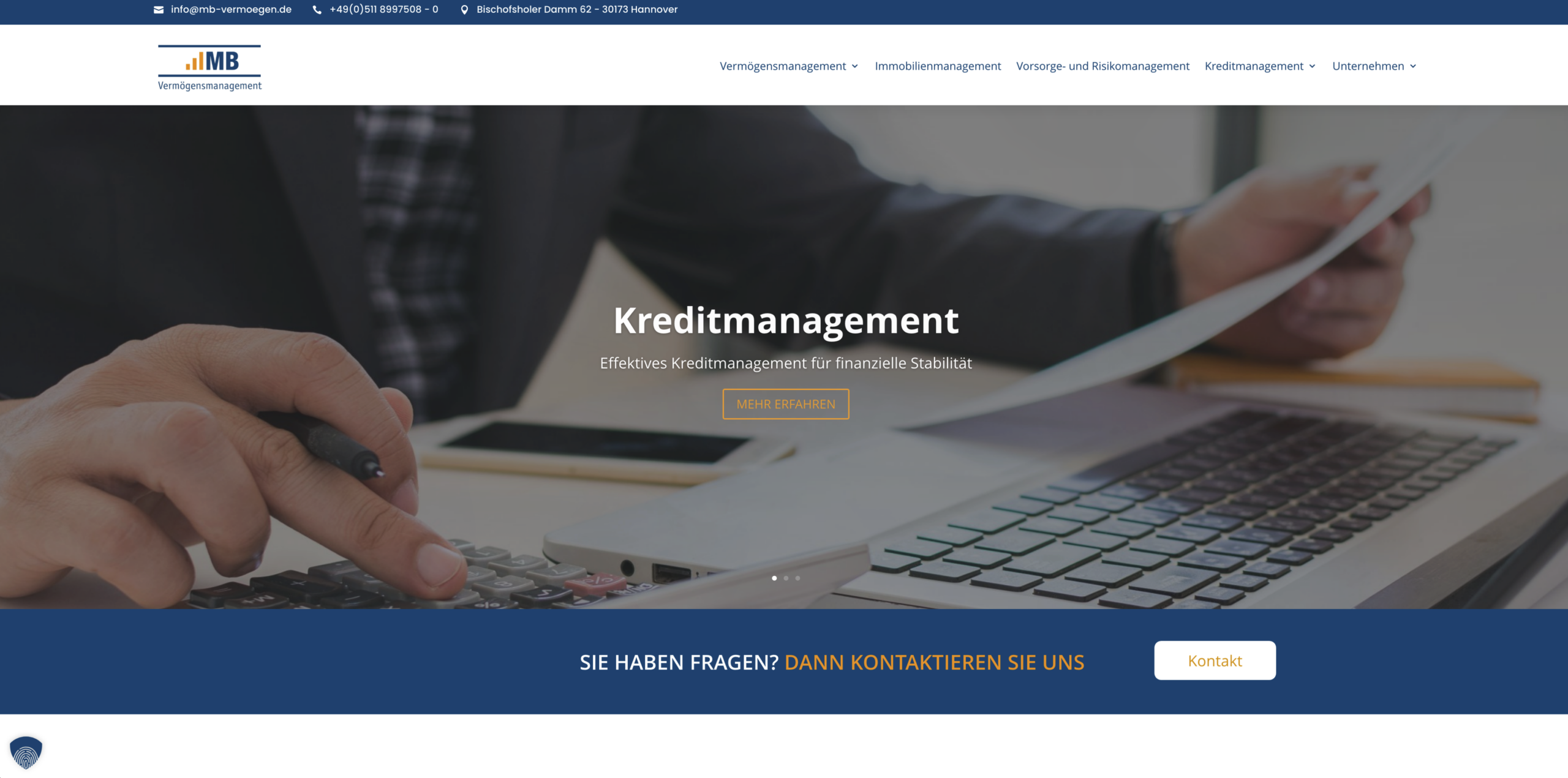 Desktop-Ansicht der Website von MB Vermögensmanagement