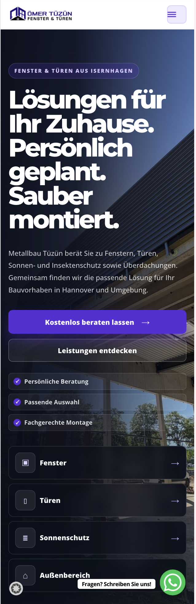 Mobile Ansicht der Website von Metallbau Tüzün